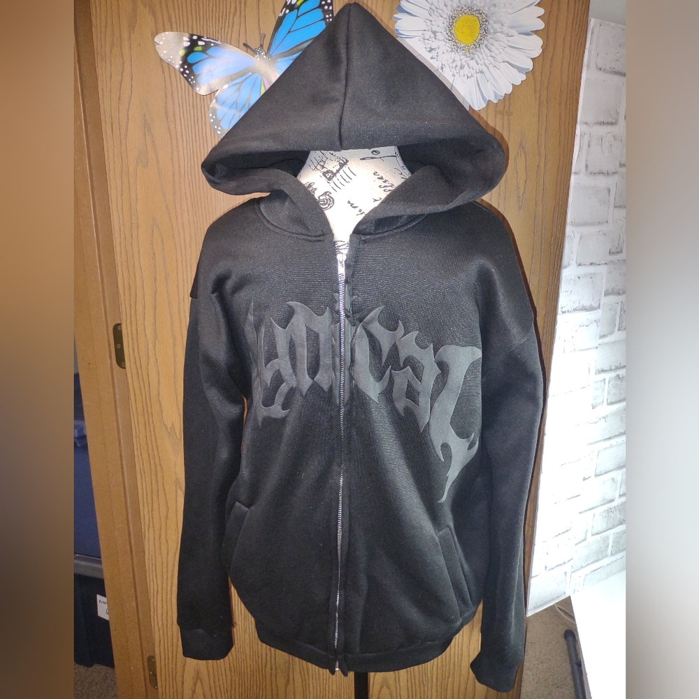 Black Gothic Hoodie with Bold Lettering